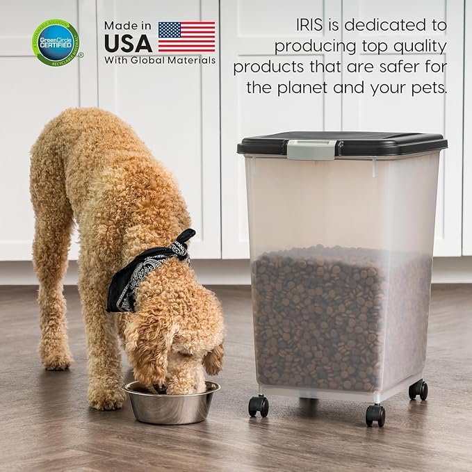 IRIS USA Dog Food Storage Container, Up to 54 lbs, Black, Made in USA | Wheels for Mobility, Airtight Seal, BPA-Free, Best for Bird Seed, Cat food, Cat Litter, Chicken Feed, Pellets, Flour, Rice