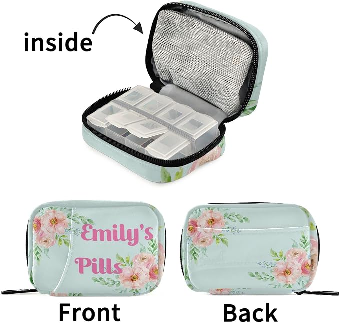 Custom Pill Box 7 Day Pill Case Bag Pink Flowers Watercolor Personalized Name Travel Pill Organizer Bag with Zipper Portable Weekly Case Compact Size for Vitamin Supplement Holder