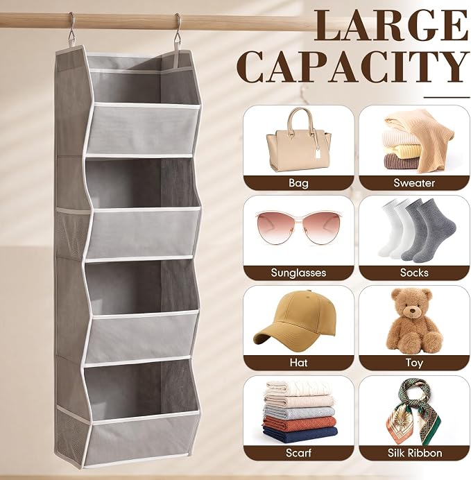 Novabright 2 Pack Hanging Closet Organizer, 4-Shelf Gray Closet Hanging Shelves with Side Mesh Pockets and Metal Hooks, Foldable Fabric Storage Organizer for Clothes, Shoes, Bags, Bedroom, Nursery
