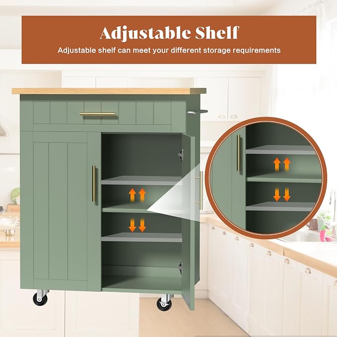 JY QAQA 26" Kitchen Island on Wheels with Storage Cabinet Kitchen Cart Cabinet with Shelves, Cart Handle for Towel Rack or Free Mobility, Portable Islands for Kitchen,Green