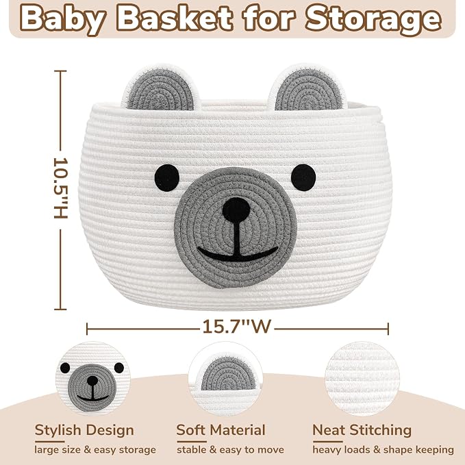 CherryNow Large Baby Basket for Gifts Empty, Cute Bear Design, White | 15.7" x 10.5" Baby Shower Basket With Handles, Cotton Rope Basket for Toys Diaper Caddys Storage, Fits Living Room Nursery