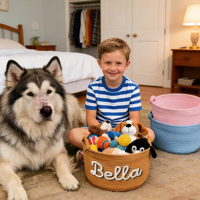 Personalized Dog Cat Toy Storage Basket with Handles Custom Pet Name Woven Cotton Rope Organizer Bin Customized Storage Box for Pet Supplies