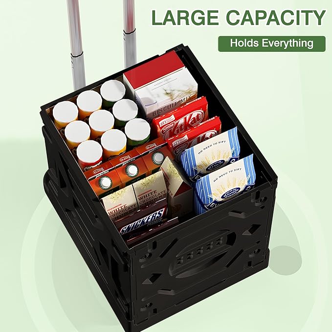 VECELO 23 GAL 2-in-1 Foldable Shopping Cart, Collapsible Utility Cart with Adjustable Handle & 360° Wheels, Dual-Mode Rolling Crate (Basket/Flatbed) for Groceries, Camping, Compact Storage, Black