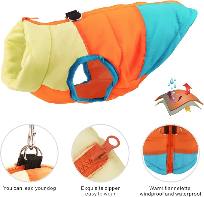 Idepet Pet Dog Cat Coat with Leash Anchor Color Patchwork Padded Puppy Vest Jacket Teddy Chihuahua Costumes Pug Cloth XS S M L (Small (Pack of 1), Sky Blue)