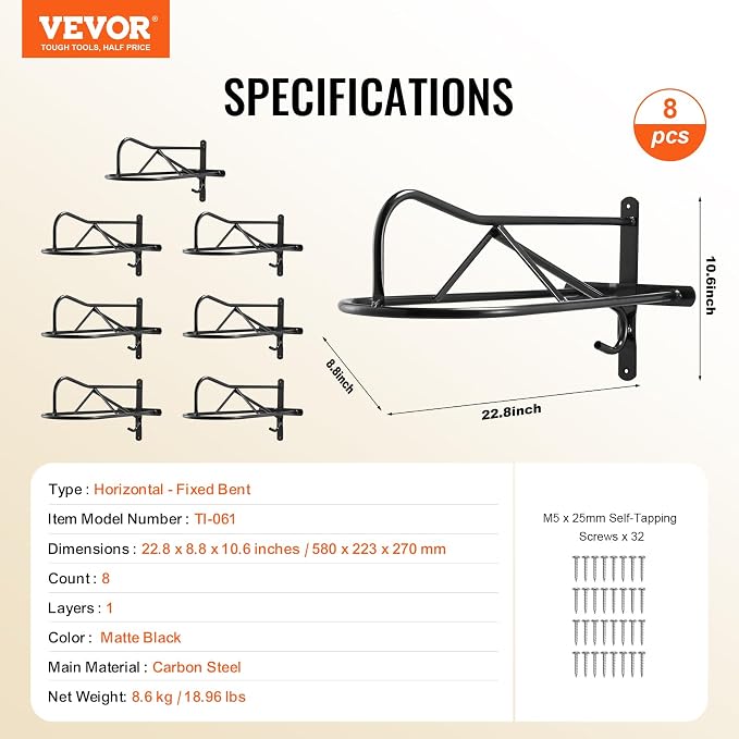 VEVOR Wall Mount Saddle Rack, 27.3 x 16.3 x 12.5 in, 8 Packs Horse Saddle Rack with Pad Bar, Portable Saddle Stand for English & Western Saddle, Horse Tack Storage for Equestrian Garden, Black