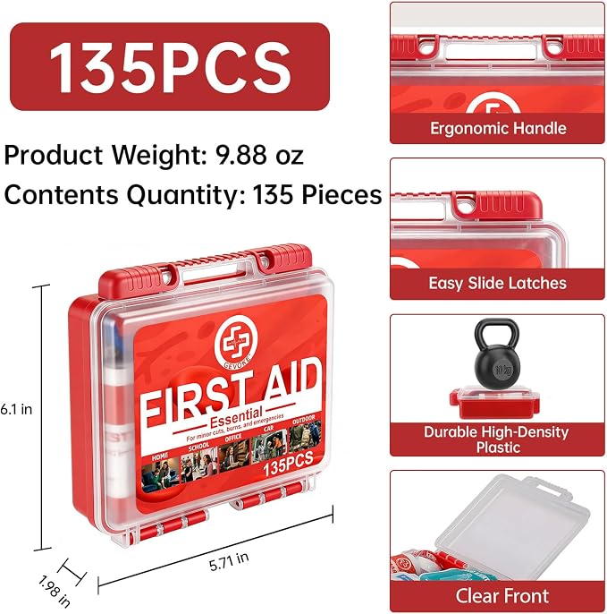 Gevoke Mini First Aid Kit - 135 Piece HardCase First Aid Box, Small | Compact Medical Kit for Home, Car, Travel, Camping, Hiking, Truck, Sports, Office, Vehicle & Outdoor Emergencies