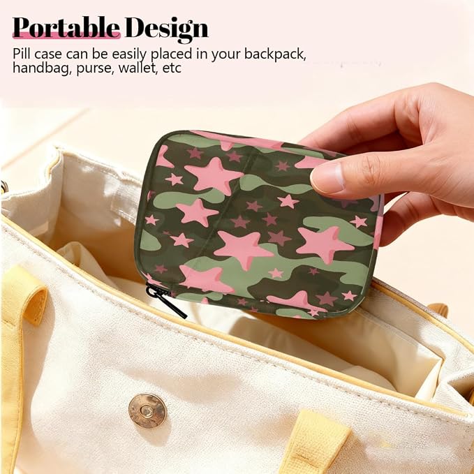 Weekly Pill Organizer Travel Size Bag with Removable 7 Day Pill Box Portable Vitamin Case Purse with Zipper,Star Camo Pattern