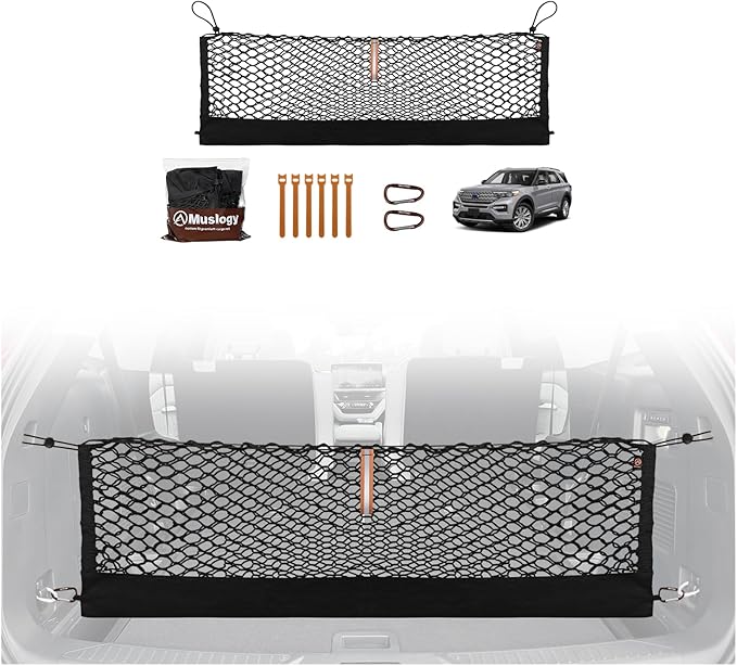 Muslogy Cargo Net for 2020-2024 2025 2026 Ford Explorer Accessories | Custom Fit, Trunk Storage Organizer Net for SUV Sedan Van Divider, with Heavy Duty Carabiners, Night Visible Grab Handle