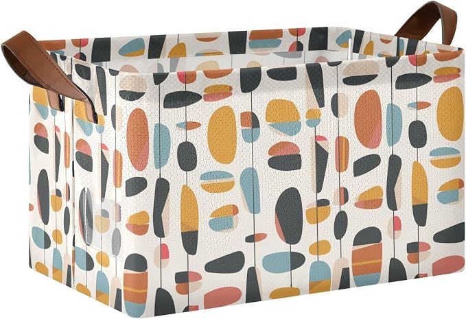 Geometric Mid Century Modern Storage Bins for Shelves with Labels&Handles Fabric Organizer Bin Foldable Rectangle Storage Basket Boxes for Closet, Bathroom, Home, Living Room