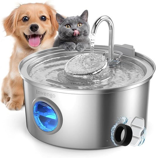 Invengo Cat Water Fountain Stainless Steel, 108oz/3.2L Pet Fountain with Large Water Level Window, Ultra Quiet Automatic Cat Water Dispenser for Cats and Dogs, 2 Flow Modes, Splash-Proof Design