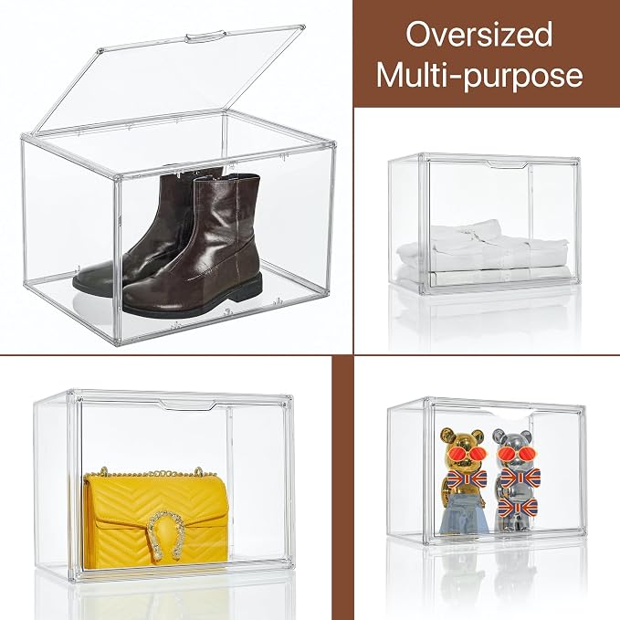 Attelite XXX-Large Acrylic Display Case Boot Shoe Storage Boxes | Boot Display Case With An Adjustable Divider, Clear Shoe Organizer for Sneakers 2 Tiers ,Tool-free Assembly,Magnetic Door