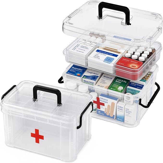 2 Pack Clear Medicine Organizer Box with Handle, Plastic Medicine Container with Tray Empty First Aid Box Empty, Thickened Medicine Storage Organizer Multipurpose Medication Organizer Storage, Clear