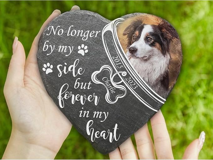 Wrappiness Pet Memorial Stone - Forever in My Heart, Personalized Dog Memorial Gifts, Remembrance Condolences Bereavement Gifts for Loss of Pet Custom Photo (Heart 05, Stone with Stand)