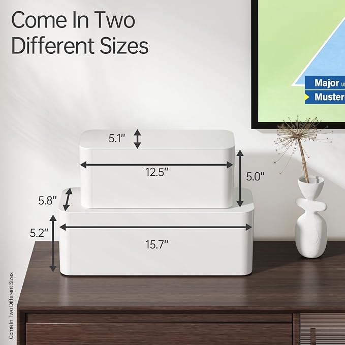 YECAYE Cable Management Box, White, XL+M, 2 Pack | Pet Friendly;Child-Proof; Power Strip Protector;For Home & Office;Cord Organizer Box;Wire Hider and Cord Organizer for Desk