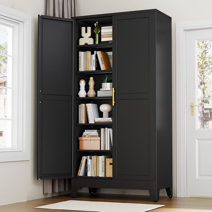RISRERN Black Metal Storage Cabinet, 79" Kitchen Pantry Cabinets for Office | Steel Kitchen Pantry Storage with Doors, 5 Adjustable Shelves, Metal Pantry Cabinet, for Office, Home, School 40" W