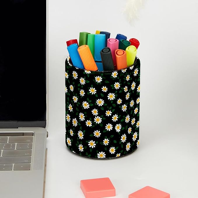 Faux Leather Pen Holder for Desk, Pencil Organizer Daisy Pen Cup Desk Decor Makeup Brush Holder Storage for Office Home