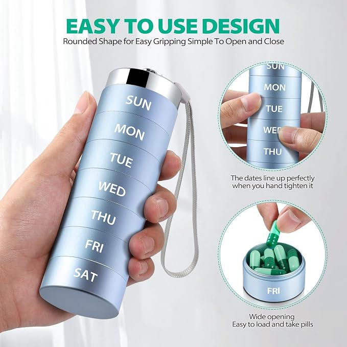 Metal Pill Organizer, Travel Large Weekly Pill Box, 7 Day Pill Container | OUVBTX Aluminum Alloy Waterproof Pill Case Container, 7 Day Daily Medicine Organizer for Vitamin, Fish Oil, Supplement, Blue