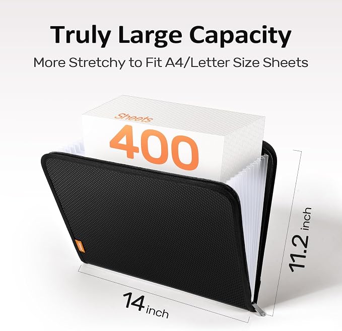 Sooez 13 Pocket Accordion File Organizer, Zipper Expanding File Folder A4 | Reinforced Plastic Accordion Folder Organizer, A4 Letter Size, Portable Folders for Documents, School Office Supplies, Black