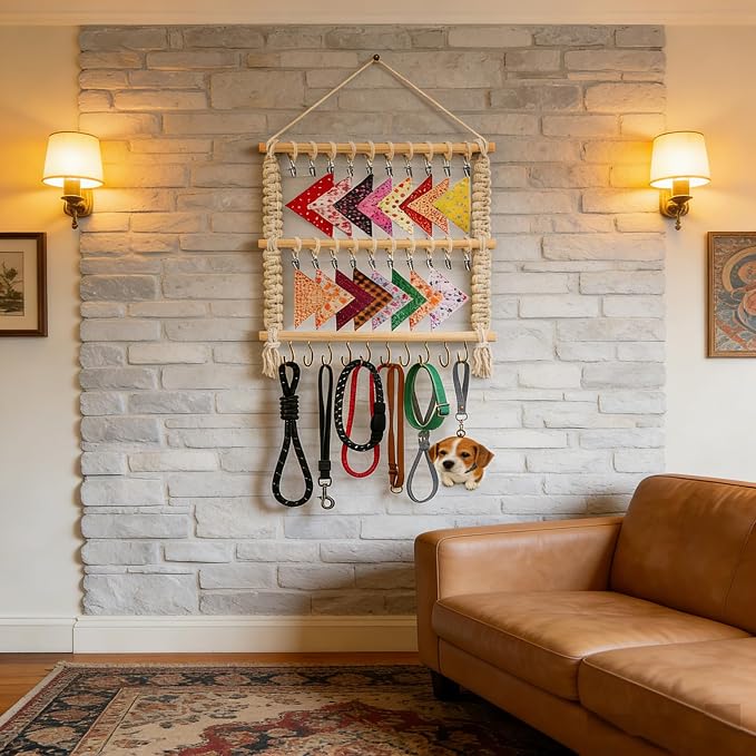 Dog Bandana Holder- Wall Hanging Dog Leash Holder Macrame Pet Accessory Organizer & Decor Hanging Headband Holder,Dog Collar Display (White)