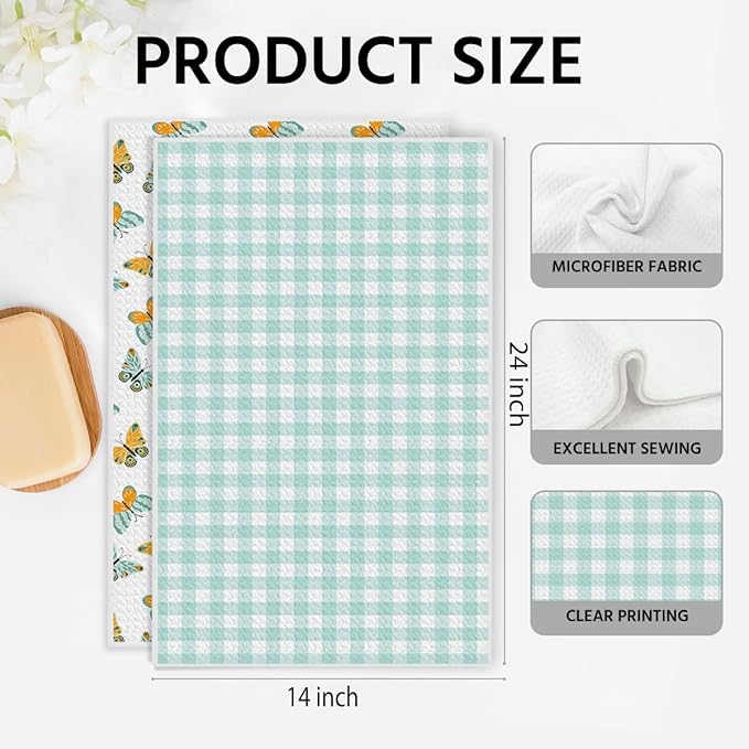 Butterfly and Green Checkered Kitchen Towels, Quick Dry Multipurpose Waffle Weave Hand Towels for Bathroom, Absorbent Reusable Cloth Tea Dish Towels for Home Decor, Butterfly Lover Gift Towel Set of 2