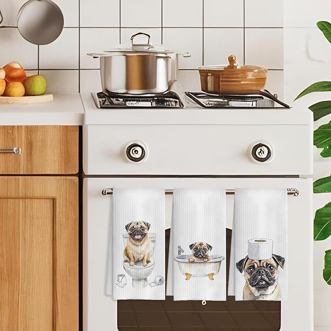 Pug Decor Kitchen Towels, Set of 3, 16x24 Inch, Cotton, Rustic, Absorbent & Quick-Drying, Multi-Purpose, Gift Idea