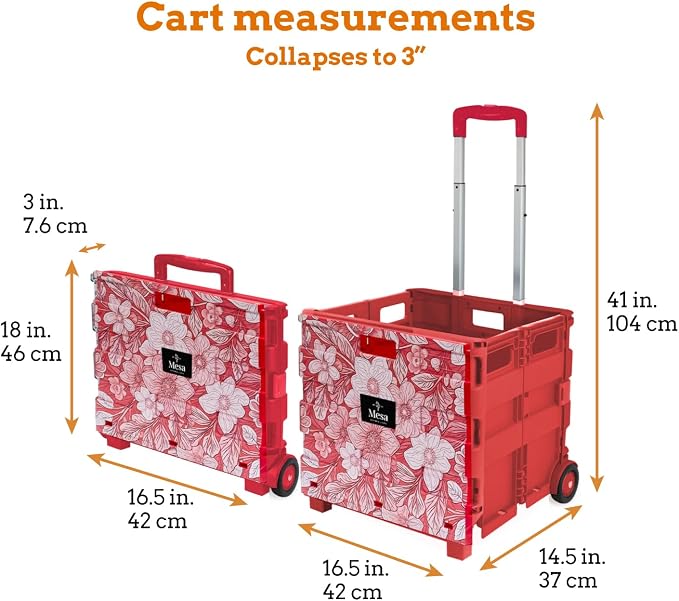 Inspired Living Ultra-Slim Rolling Collapsible Storage Pack-N-Roll Utility-carts, with Telescopic Handle, for Home, Garden, Shopping, Office, School use, Large, Red, White Flower Print