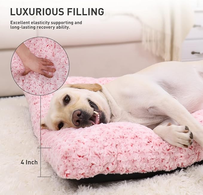 KSIIA Washable Dog Beds Large Sized Dog Crate Bed Plush Mat 41"x27" Pink | Deluxe Plush Comfy Kennel Pad, Anti-Slip Bottom,Deep Sleeping Mat for Large Dogs,Machine Washable for Easy Cleaning