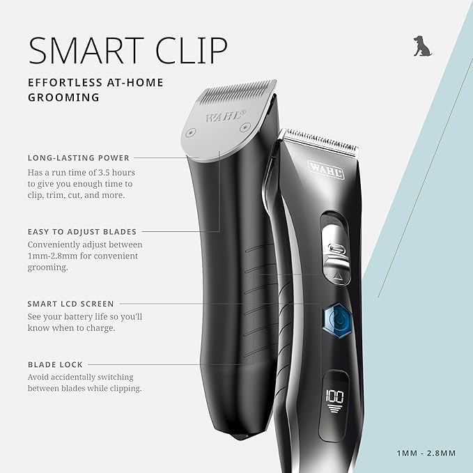 Wahl Pro Animal Smart Clip - Effortless at-Home Grooming - Cordless Clipper with LCD Screen - Rechargeable Battery - Supports Adjustable Cutting Length - Quiet Grooming Tool