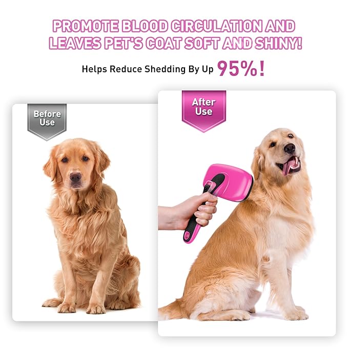 Self Cleaning Slicker Brush for Dog, Cat, Skin Friendly Shedding & Grooming Tool for Long and Short Haired Pets, Easy Clean Retractable Bristles, Pink