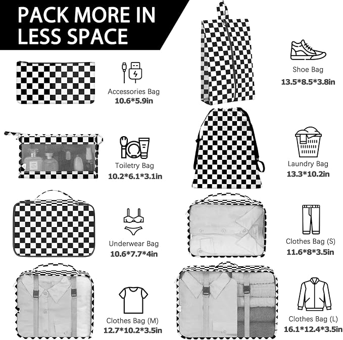 KPX 8 Set Packing Cubes for Travel, Luggage Packing Organizers Accessories Large Toiletries Bag for Clothes Shoes Cosmetics (8Set-Black Checkered)