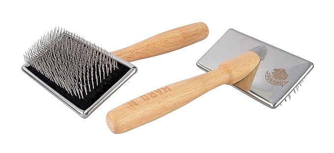 Furzone Wooden Slicker Brush - Stainless Steel Hard Pin Grooming Brush for Dogs (Size L)