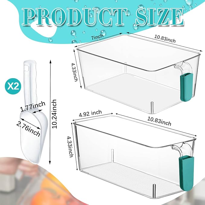 Havawish Ice Storage Bin and Flexible Scoop Set Plastic Freezer Bin | Freezer Ice Bin Scoop, Clear Bucket Container, Pull Handle, Flexible Storage, 10.83 X 7 X 4.33 In,10.83 X 4.92 X 4.33 in