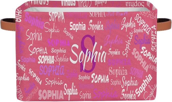 Custom Storage Baskets for Kids with Name, Large Foldable Organizer Collapsible Storage Bin with Leather Handle for Home Toys Closet Nursery, Light Violet Red Color