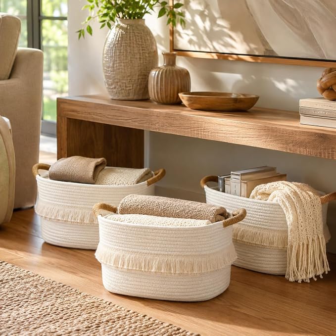 Storage Basket, Woven Baskets for Shelves, White Basket | 3 Pack Boho Cotton Rope Storage Baskets, 14" x 9" x 8", Home Organizer for Nursery, Holds Toys, Books & Towels