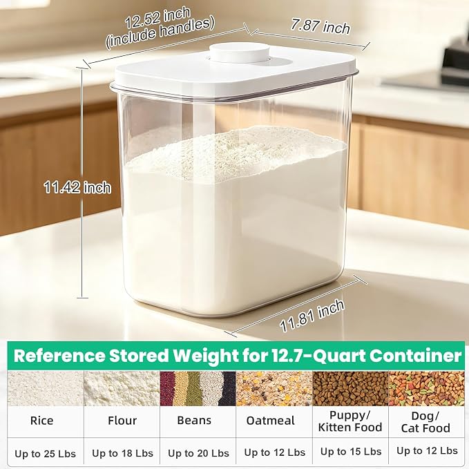 TBMax Large Rice Container 25 Lbs with Easy-Carrying Handles -12.7 Qt Flour Storage Container with Pop Up Lid & Hanging Hooks for Cleaner Use, Airtight Food Storage Bin for Kitchen Organization