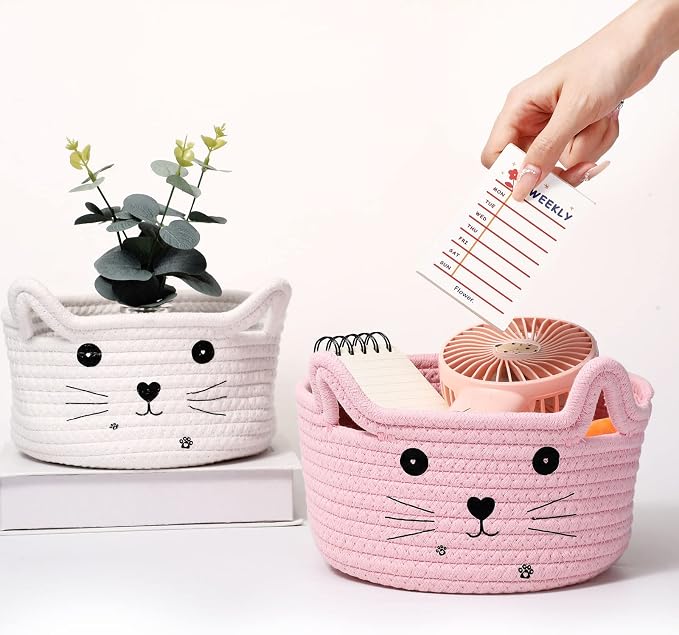 Zopeal Cat Storage Basket Woven Organizer with Ears Decorative Gift Cute Cotton Rope Pet Toy Basket for Gift Cat Dog Toy Bin Nursery Room(8.3 x 4.7 Inch,Pink)