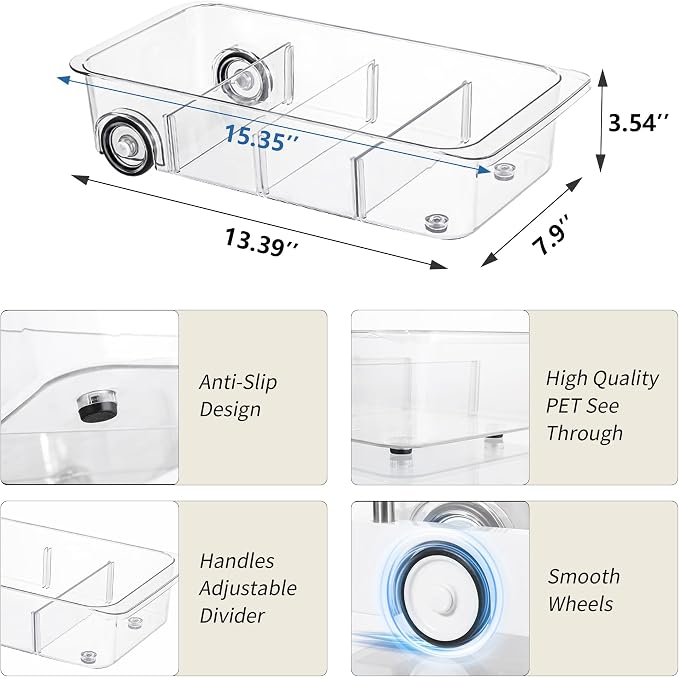 Roll-Out Refrigerator Organizers and Storage, 3 Pack Drawer Fridge Bins | Rolling Fridge Caddy, Silicone Wheels, Adjustable Dividers, Plastic Refrigerator Tray, for Fridge, Pantry, Bathroom & Kitchen