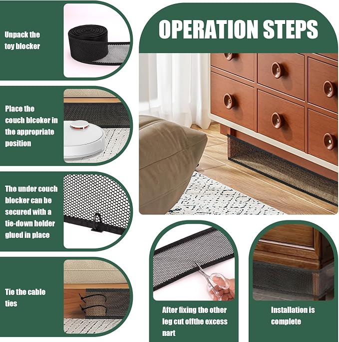 Under Couch Blocker for Pets, 33FT Under Sofa & Bed Blocker Barrier with Cable Ties and Fasteners, Furniture Gap Guard to Stop Toys, Dogs & Cats Going Under Couch Bed