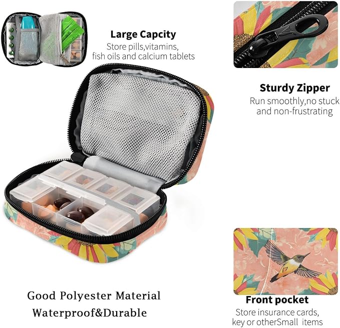 Fustylead Retro Hummingbird and Sunflower Pill Organizer for Purse, Weekly Portable Pill Box with Zipper to Storage Vitamins Fish Oils Medications Supplements