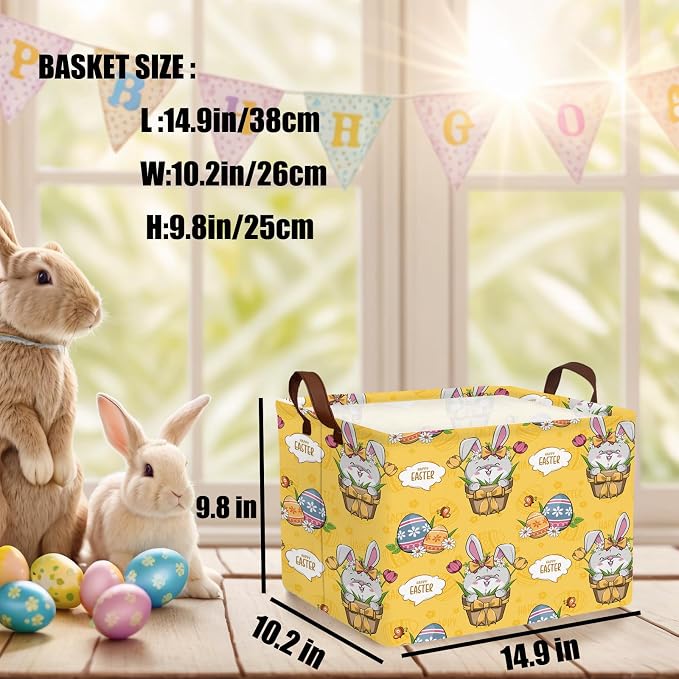 Large Cute Easter Basket for Kid Empty Gift Baby Rectangle Storage Bin Bunny Eggs Boy＆Girl Room Décor (Tulip Rabbit Yellow)