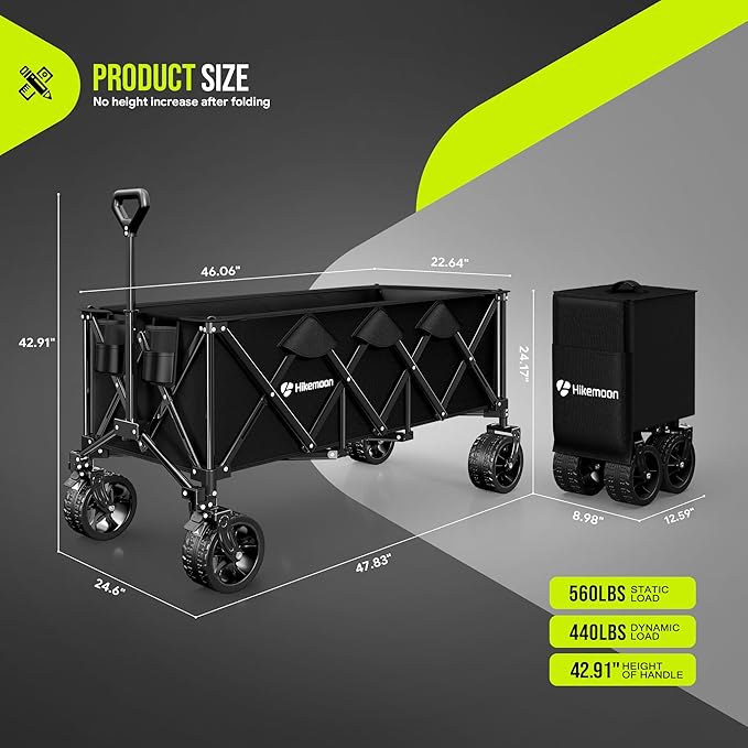 48'' Extra Large Collapsible Wagon with Big Wheels, 300L Black | 560LBS Heavy Duty, Wagons Carts Foldable, All-Terrain, Brakes, Folding Cart, Utility for Beach/Camping/Garden/Sports/Grocery