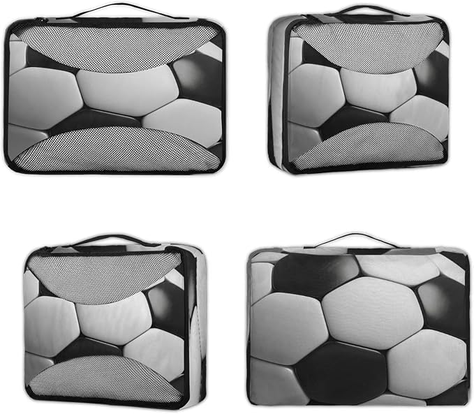 4 Set Packing Cubes for Travel, American Football Packing Cubes for Women, Travel Luggage Packing Organizers, Packing Cube Set, Black and White Soccer