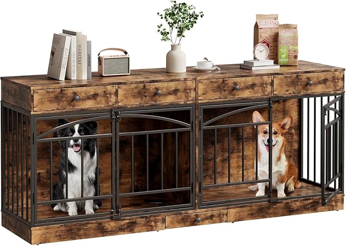 Dog Crate Furniture for 2 Dogs, Double Dog Crate TV Stand, Brown | 78.7'' Large Dog Kennel Indoor, 4 Storage Drawers and Feeding Bowls, Pet Kennel for Small and Medium Dogs