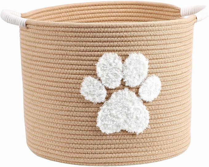 Cotton Rope Doy Toy Basket Woven Pet Storage Bin With Fluffy Paw Print, Large Pet Toy Organizer, Yellow Chew Proof Dog Toy Box for Dog Accessories, Blankets, Leashes