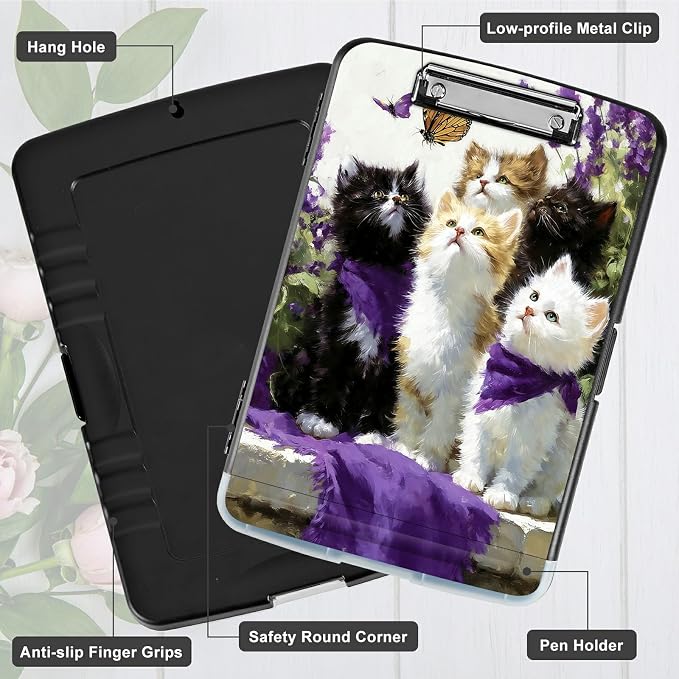 A4 Clipboard with Storage Pen Holder, Clipboards Organizer Nursing Clipboard Foldable File Folder Plastic Clipboard Folio Clip Board for Office Work Classroom Doctor, Lavender Cat