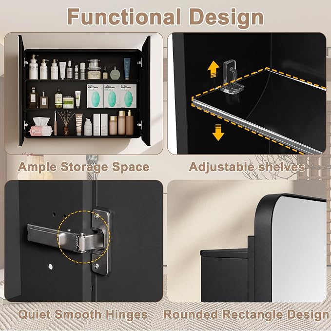 32x24 in Double Door Medicine Cabinet with Mirror, Matte Black | Fully Assembled; Recessed or Surface Wall Mount; Metal Cabinet with Tempered Glass Mirror and Two Adjustable Glass Shelves