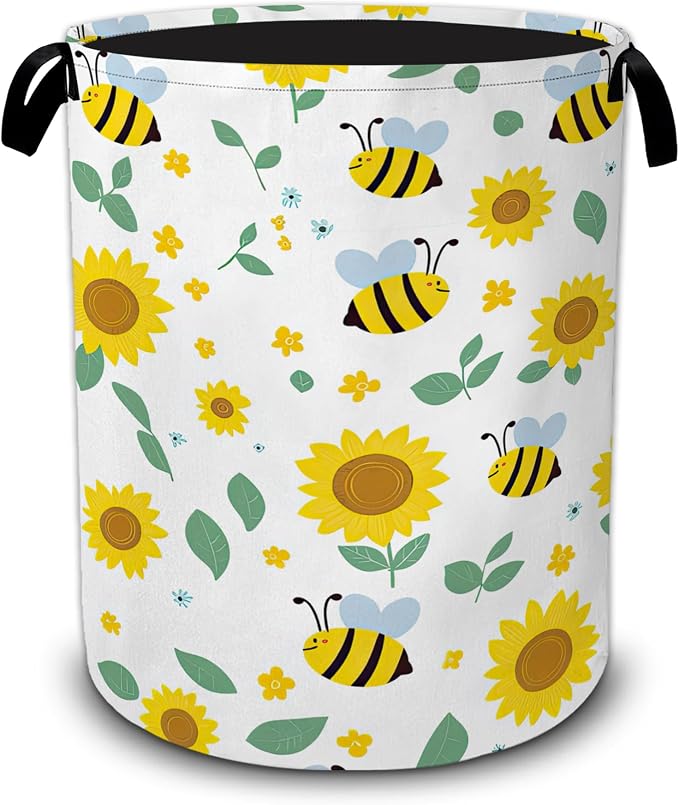 Cute Bee Sunflower Laundry Basket with Handles,Foldable Oxford Laundry Hamper,Collapsible Clothes Storage Basket for Laundry Room/Bathroom/Bedroom/Dormitories 20.8 x 16 Inches