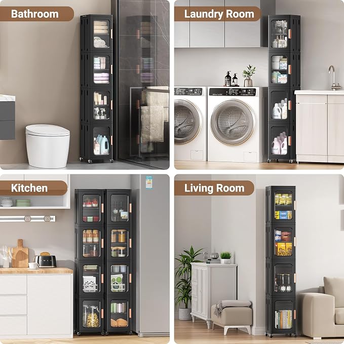 BROVIEW 6-Tier Tall Narrow Storage Cabinet Organizer, Slim Bathroom Cabinets with Adjustable Shelves and Doors, Plastic Kitchen Pantry Organizers and Storages for Small Space, Laundry, Black