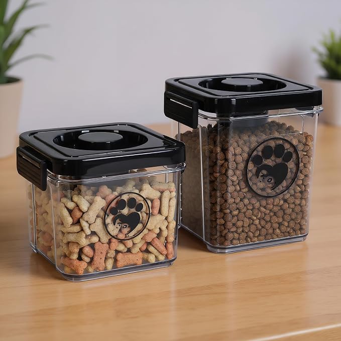 Dog Treat Container, Dog Food Storage with 2 Jars, Airtight Pet Treat Storage With Lids,Small Pet Food Container, Puppy Treats Bin for Kitchen Counter,Freshness Seal-Clear, Rectangle
