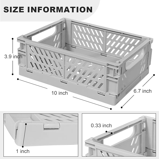 Tobeso-Nuoze Pastel Plastic Storage Baskets 2 Pack, Collapsible Crates | for Organizing, Space-Saving Bins for Kitchen, Office, Bedroom (Grey, Medium:9.8" x 6.5" x 3.8")